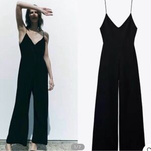 EUC! Zara Spaghetti Strap Minimalist Black Wide-Leg Jumpsuit lrge